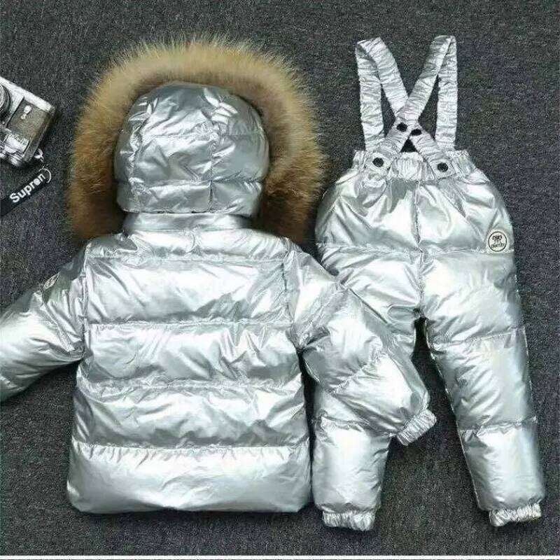 New Winter Kids Boutique Clothing 2 Pieces Sets Down Jacket Suspender Trousers Big Fur Collar Warm Soft Unisex Ski Suit