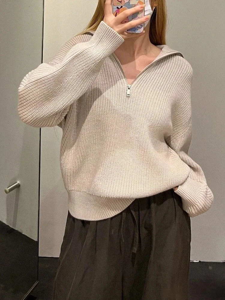 Autumn and Winter Womens Sweater Semizipper Casual Solid Color Knitwear Simple Loose Long Sleeves Pullover 251027