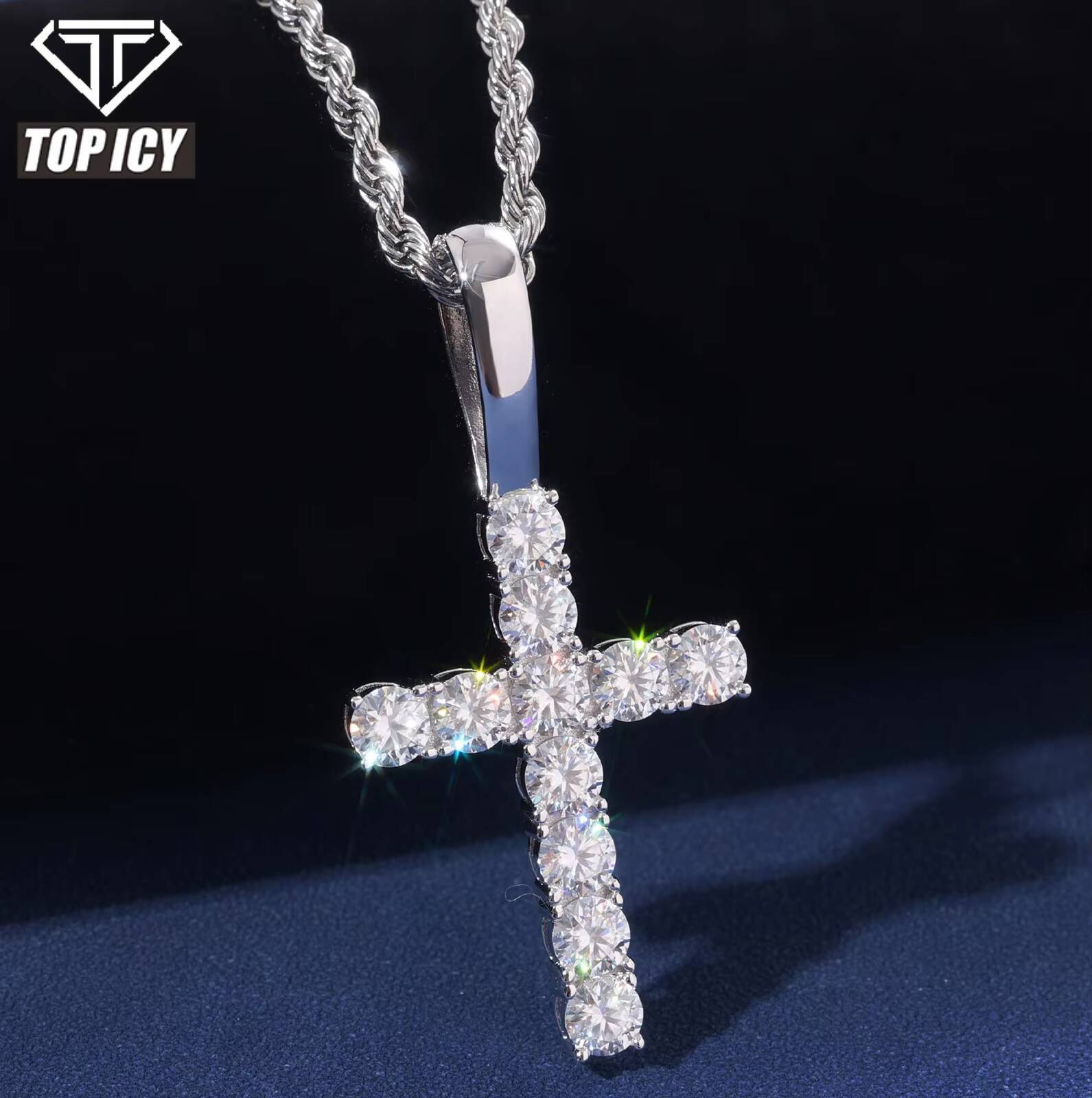 Fine 925 Sterling Silver Clear Cross Pendant Luxury Sparkling VVS D Moissanite Diamond Pendant Necklace for Unisex