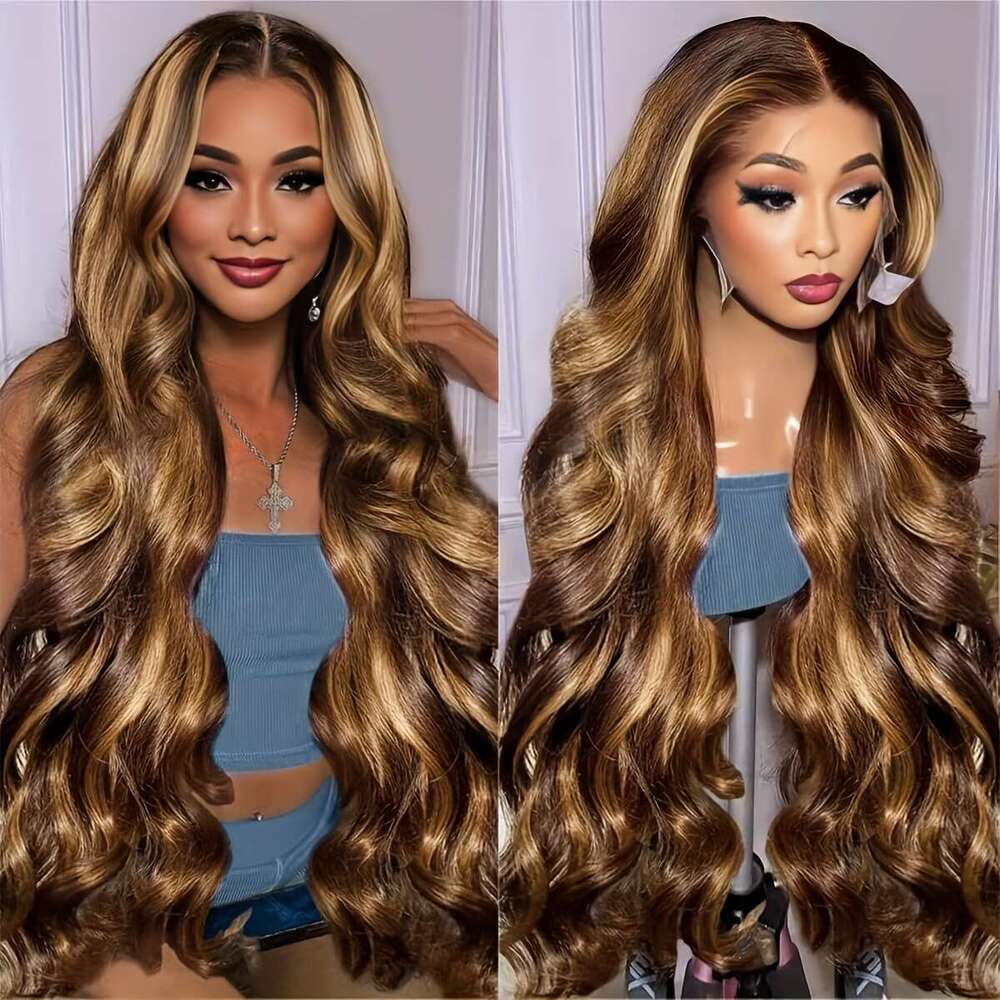 32 Inch Honey Human Wig With 180% Density 13X4 - Ombre Blonde To Brown Balayage, Pre-Plucked Baby Hair & Glueless Closure, Body Wave Hairline For Wome