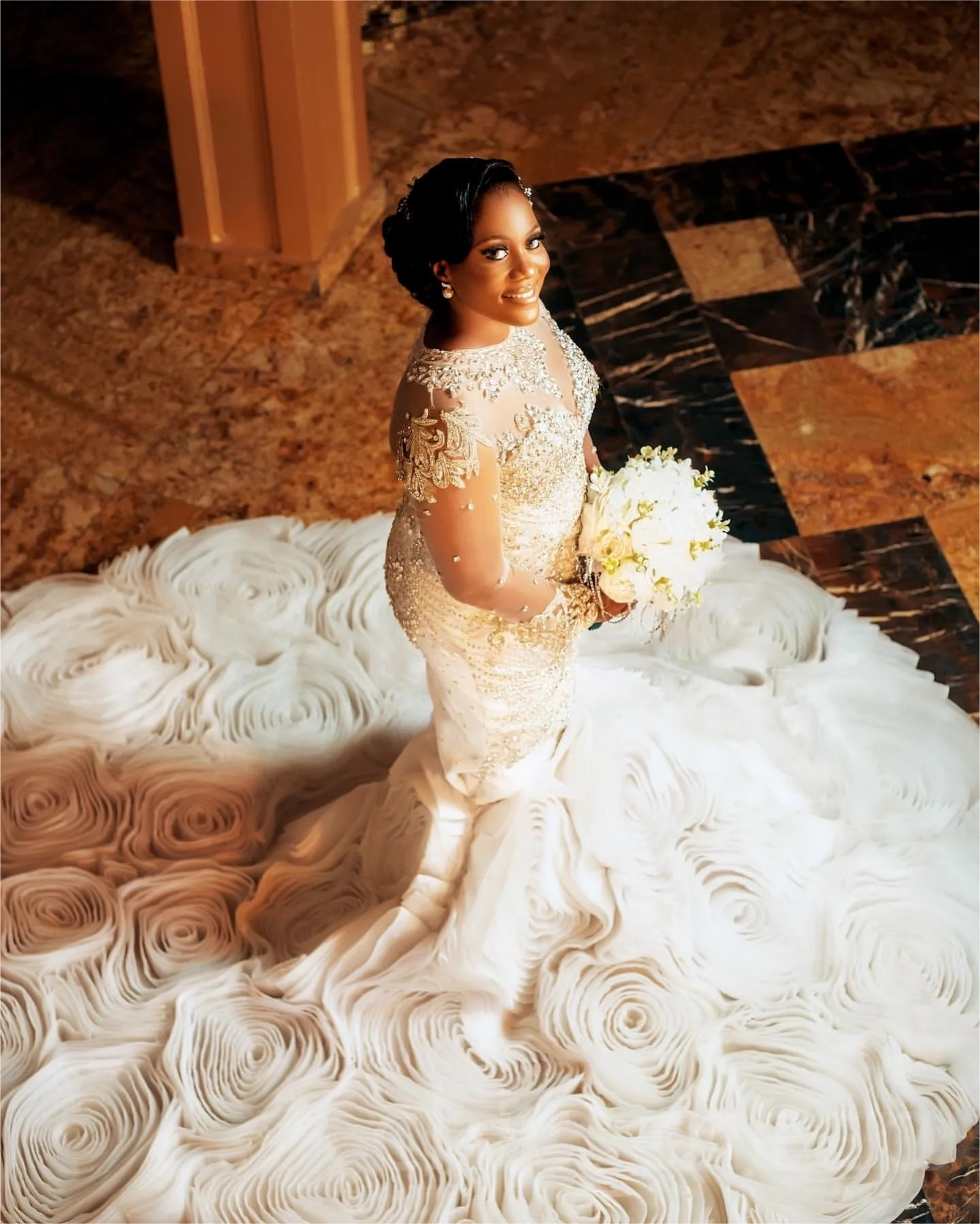 Arabic Aso Ebi Plus Size Mermaid Wedding Dress in Ivory with Lace Beaded Crystals and Luxurious Tiers
