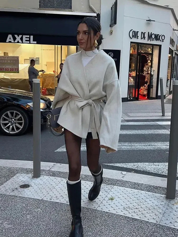 Womens Long Sleeve Reversible Tweed Jacket n Bow Belt Trimmed VNeck Coat Autumn Winter Tops 251027