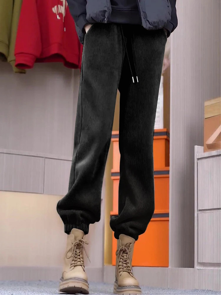 Solid Casual Thicken Women Corduroy Pants Lamb Fleece Padded Cashmere Warm Sweatpants Female Elastic Waist Soft Fur Trousers 251027