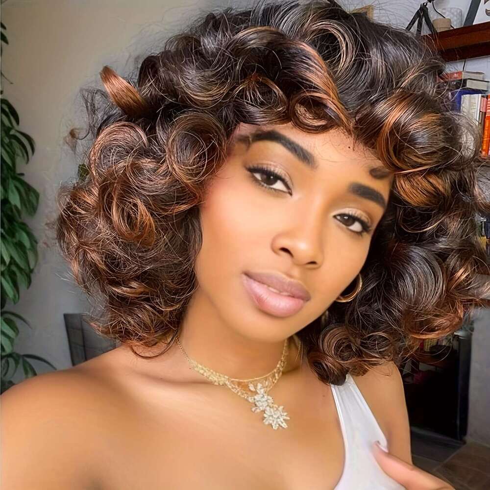Short Wigs Black Soft, Big Bouncy Fluffy Curly With Bangs Afro Kinky Curls Heat Resistant Natural Looking Synthetic Wig For African American Women - S