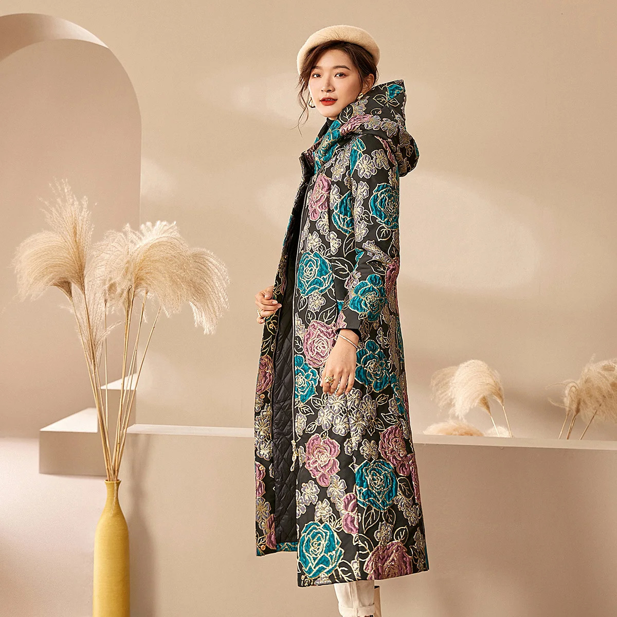 y Women Winter Jacquard Coat Hooded Floral Parkas Space Cotton Thick Long Quality Jacket Overcoat Big Size Zipper 251027