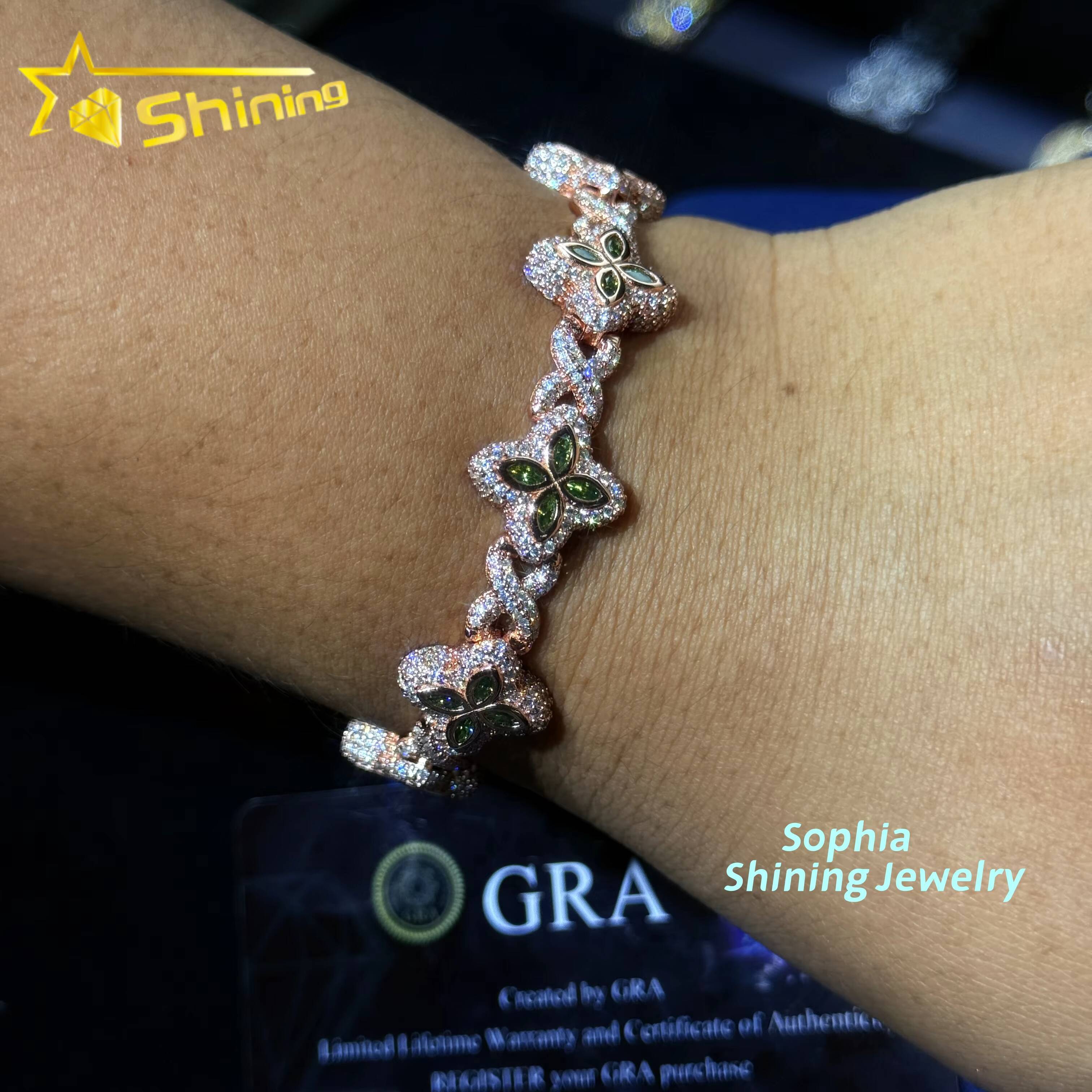 New Arrivals Fashion Jewelry 925 Sterling Silver Vvs Green Color Moissanite Diamond Four Leaf Clover Cuban Link Tennis Bracelet