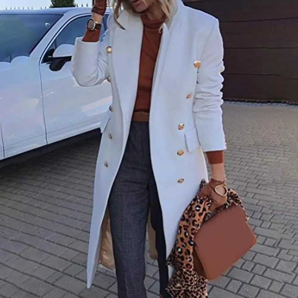 Women Wool Blends Coat Slim Fit Solid Color Doublebreasted Warm Woolen Coat Autumn Winter TurnDown Collar Women Overcoat M251027