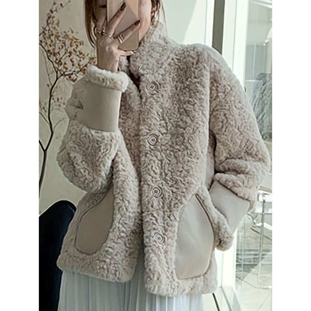 Women's Elegant Faux Fur Jacket - Thickened Long Sleeve Outerwear With Button Front, Chest Pockets & Adjustable Cuffs, Solid Color Regular Fit Fo
