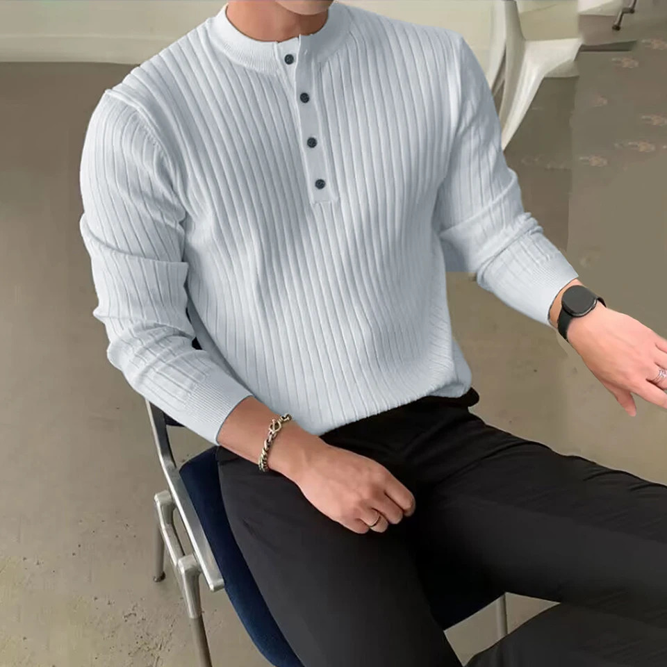Men Winter Half Turtleneck Button Neck Long Sleeve Sweater Top Knitwear Pullover Causal Fashion Solid Color Tops 251016