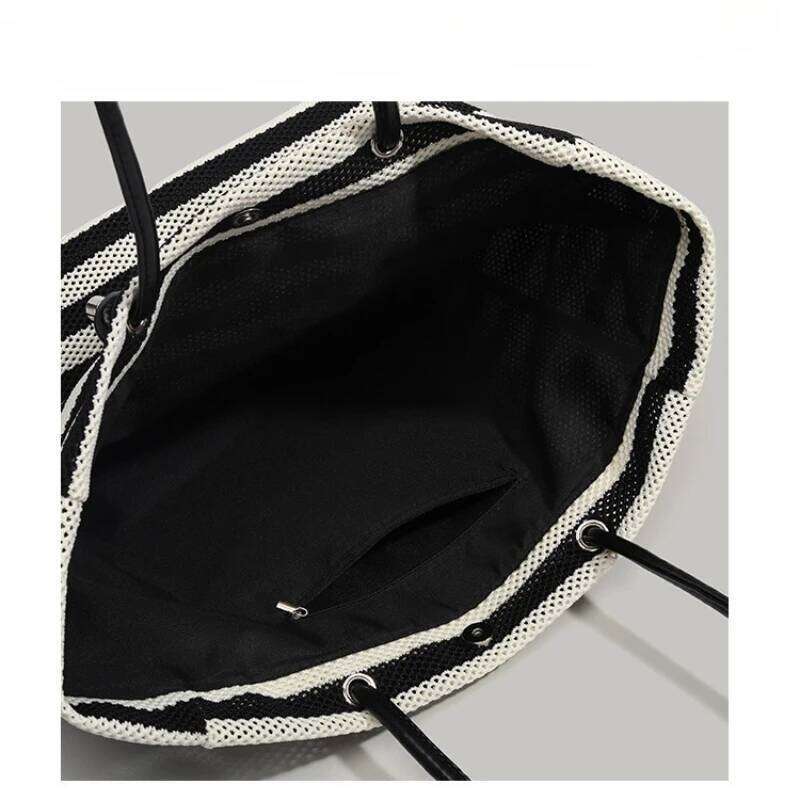 Hand-Woven Black White Striped Tote Women's Lazy Style Large Capacity Vacation Travel Shopper Shoulder Bag Commuter 251027