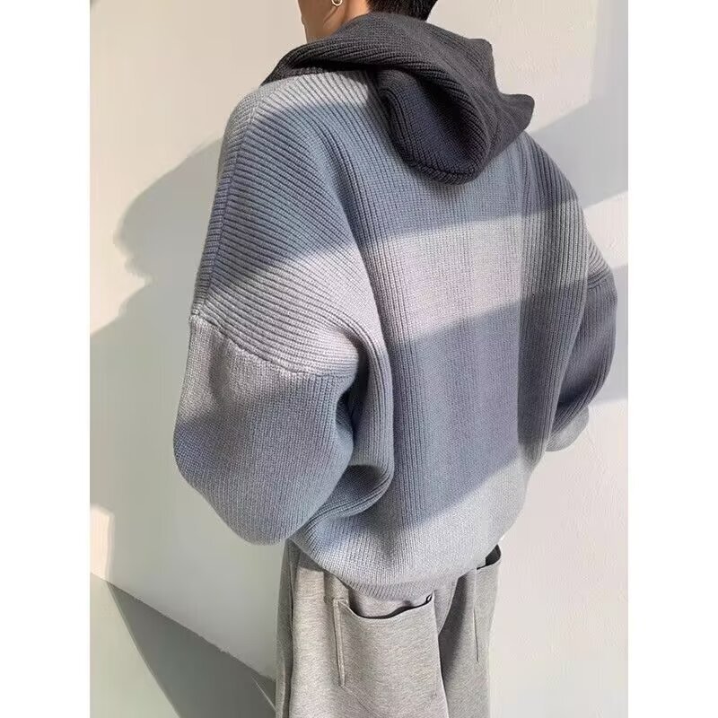 Autumn Winter Color-block V-neck Hooded Designer Sweater Knit Sweater Men's Lazy Style Trendy High Street Pullover Simple Sweater Jacket