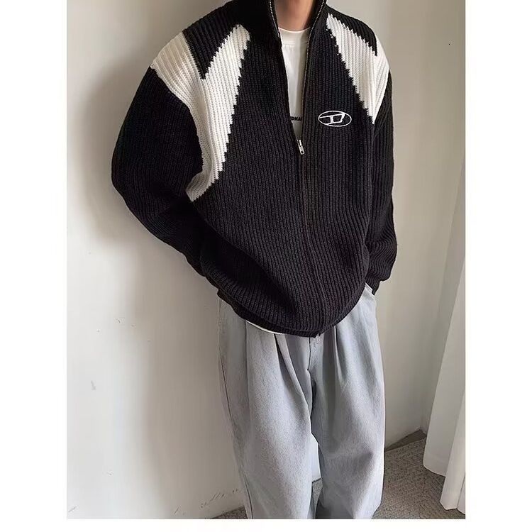 American Style Color Block Zipper Cardigan Sweater For Men Autumn Winter Trendy Street Style Stand Designer Sweater Collar Long Sleeve Lazy Style Loos