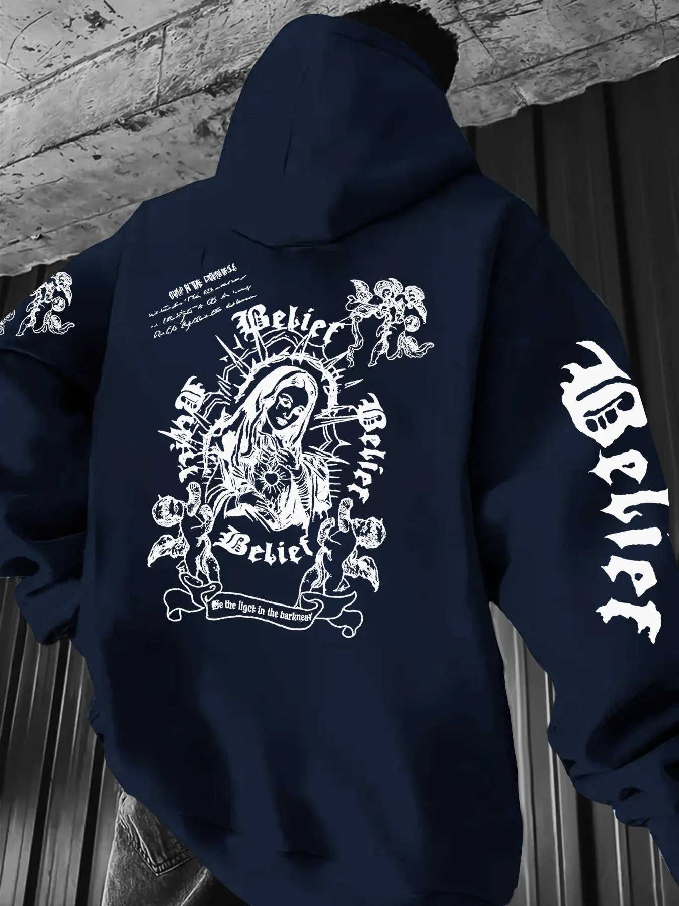 European and American Mens Autumn Fashion Gothic Statue of Liberty Letter Printed Hoodie Outdoor Street Versatile Top W251027