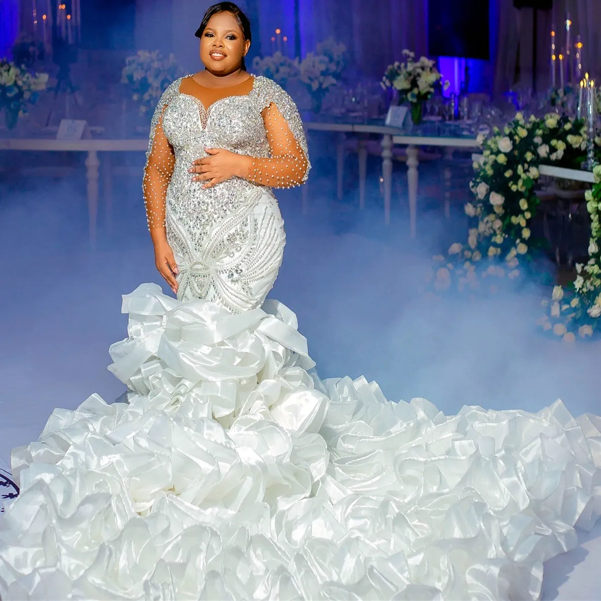 Arabic Aso Ebi Plus Size Mermaid Wedding Dress in Ivory with Luxurious Beaded Crystals and Full Sleeves