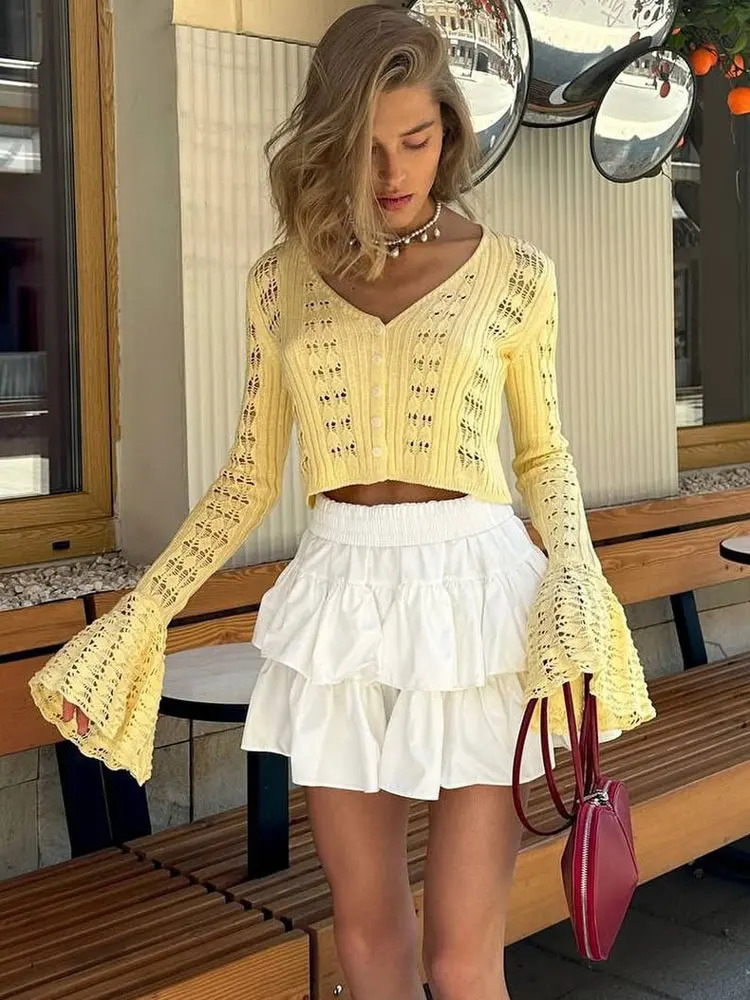 Tossy Knitwear Hollow Out Sweater Cardigan Women VNeck Long Sleeve SeeThrough Cropped Top Summer Knit Patchwork Cardigan Top 251027