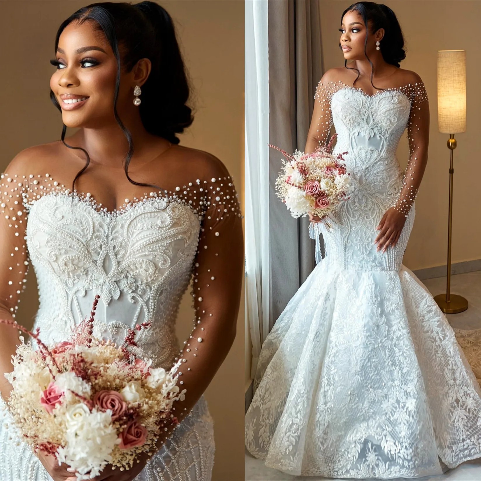 Aso Ebi Off White Mermaid Wedding Dress Sheer Neck Full Sleeves Beaded Pearls Vintage Elegant