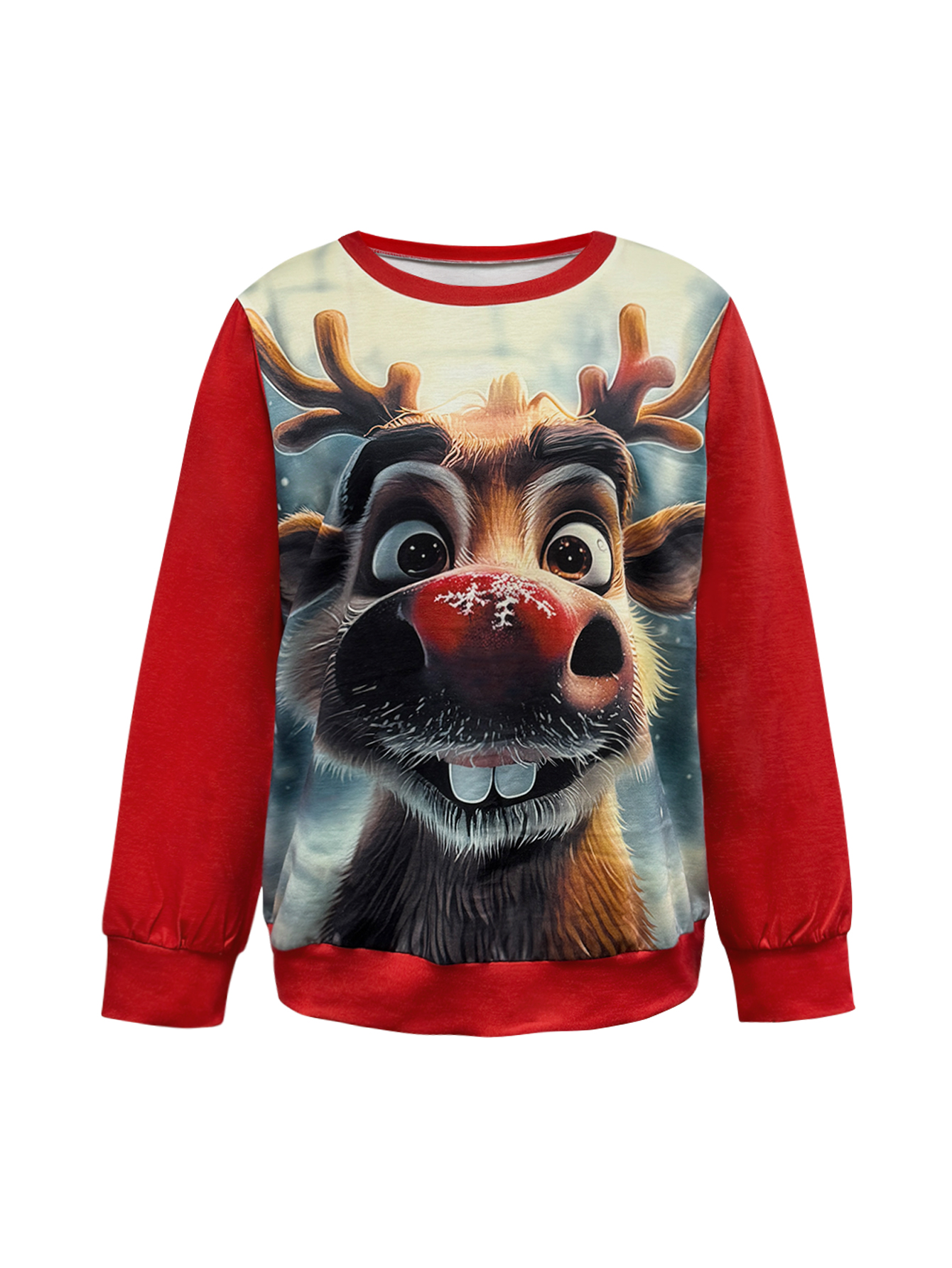 Christmas Cute Fashion Red-Nosed Reindeer Printed Women's Sweatshirt, Autumn Winter Red Party Casual Thin Long Sleeve Top, Milk Silk Sweatshirt, 