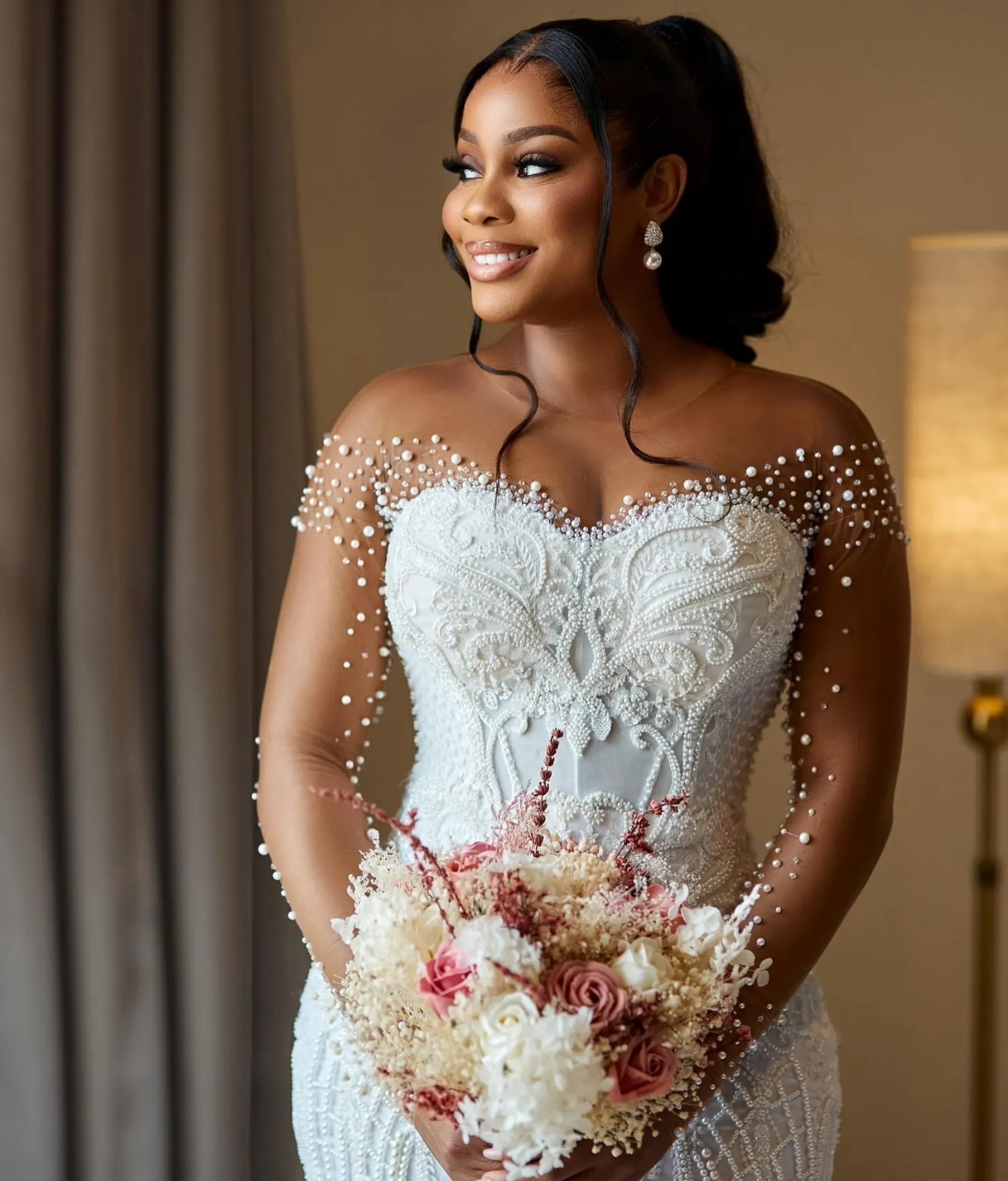 Aso Ebi Off White Mermaid Wedding Dress Sheer Neck Full Sleeves Beaded Pearls Vintage Elegant