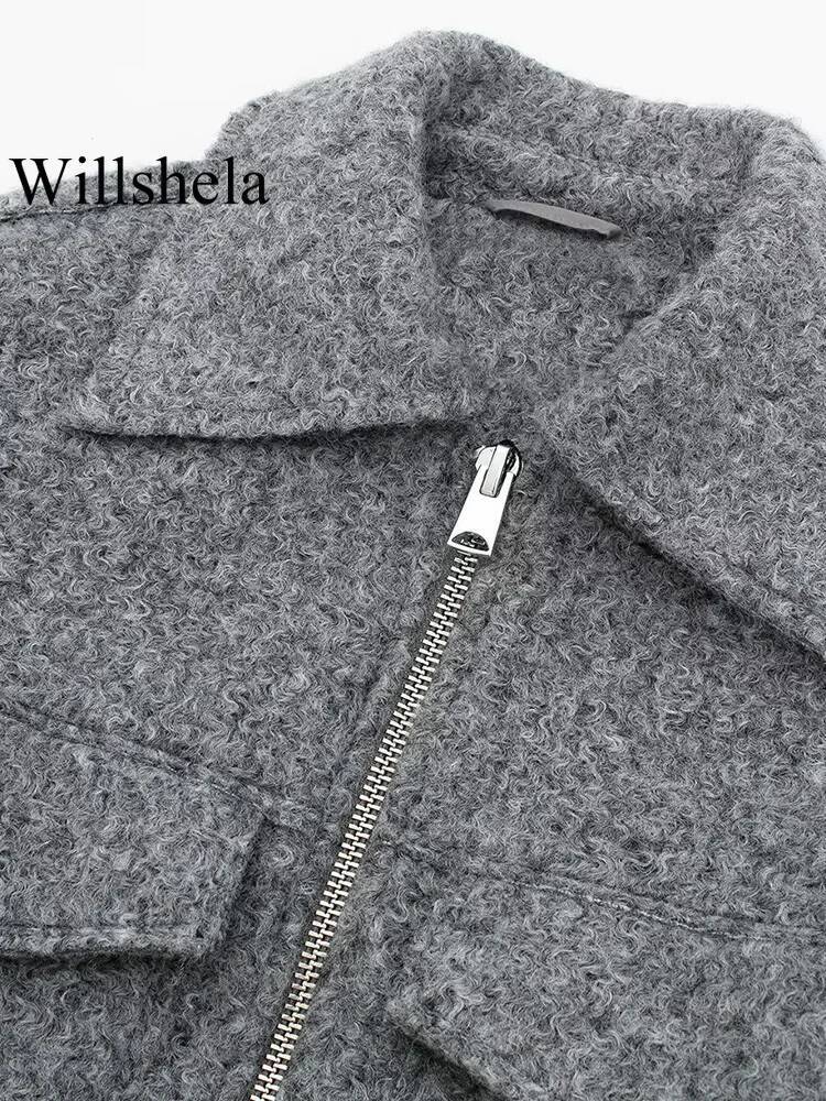 winter jacket women Willshela Women Fashion With Pockets Grey Front Zipper Jackets Vintage Lapel Neck Long Sleeves Female Chic Lady Outfits