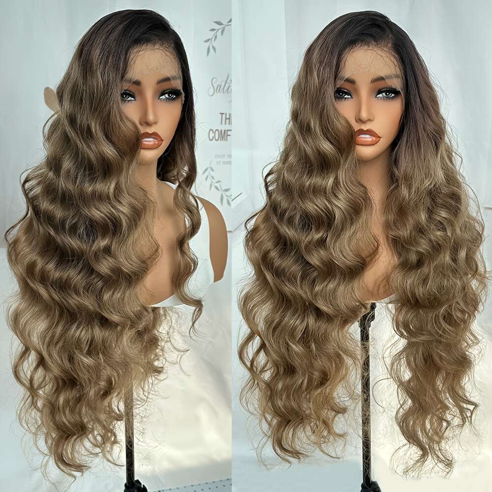 Synthetic Wig, 32-Inch Black Gradient Brown, High Temperature Fiber Wig With Brown Body Waves And Fluffy Style,