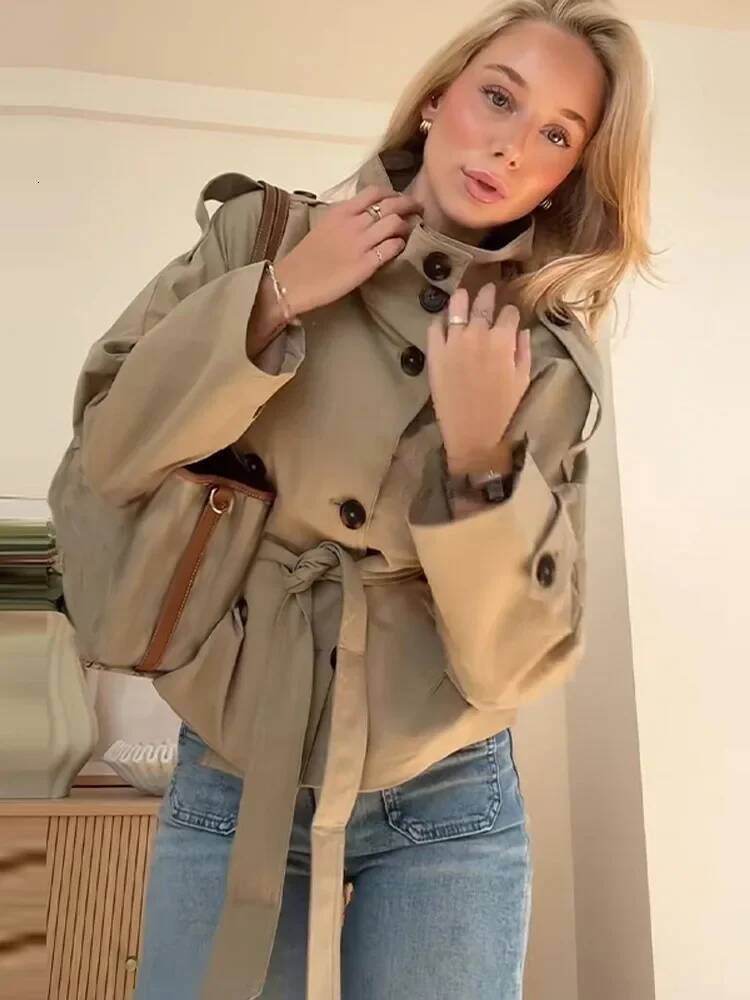 winter jacket women Chic Belt Short Trench Coat Women Stand Collar Double Breasted Pocket Long Sleeve Coats 2025 Autumn Lady Commute Outwear