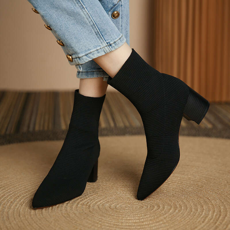 Pointed Toe Knitted Cotton Short for Women, Chunky Slim High Heel Women's Boots, Autumn Winter Boots