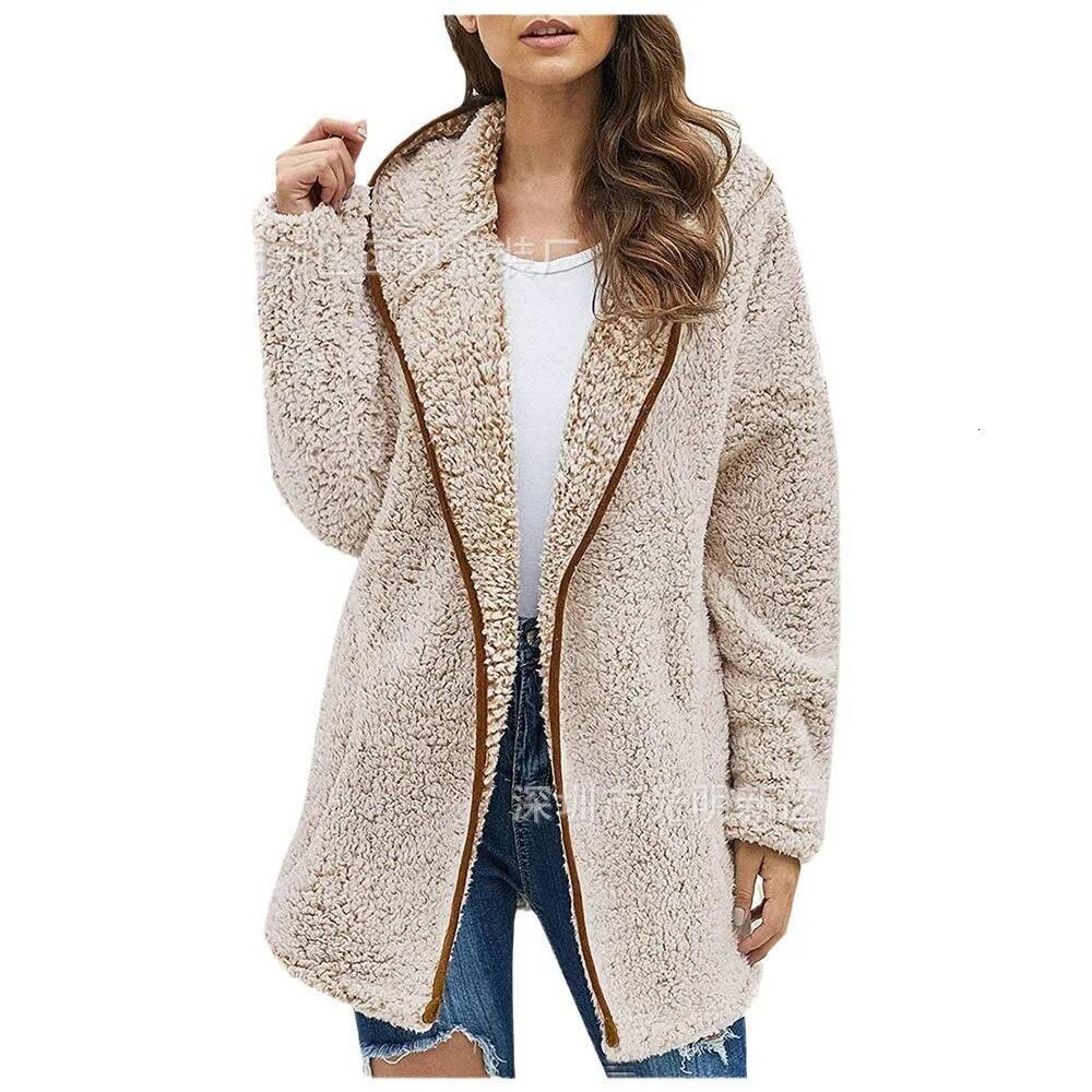 winter jacket women Autumn and Winter New Casual Solid Colour Lapel Hooded Long-sleeved Plush Sweater Fleece Jacket