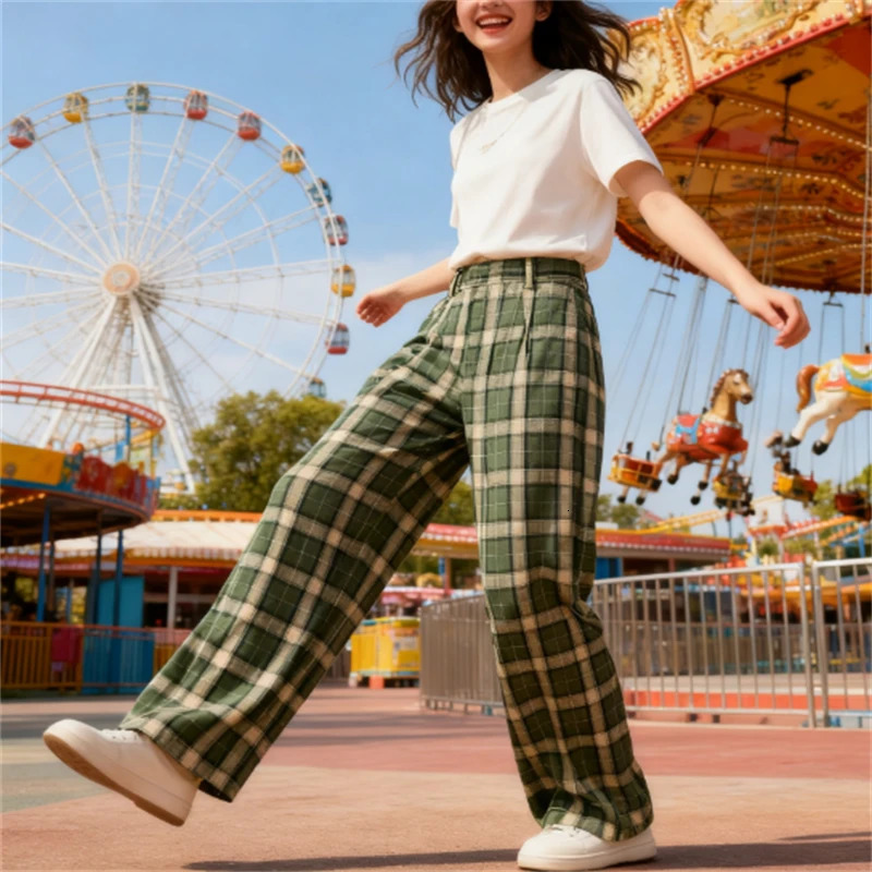 Autumn Vintage Casual Plaid Loose Slim StraightLeg Pants 251027