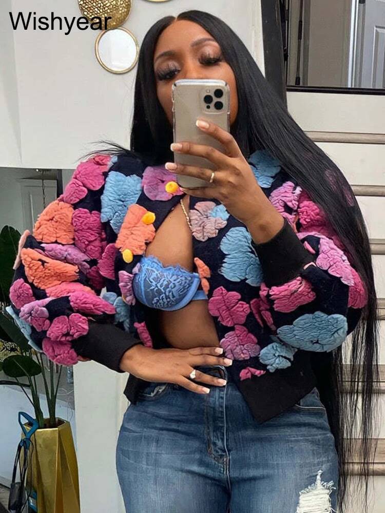 winter jacket women Streetwear Winter Warm Thick 3D Flowers Patchwork Jacket Women Puff Long Sleeve Single-breasted Baseball Coats Vintage Outwear