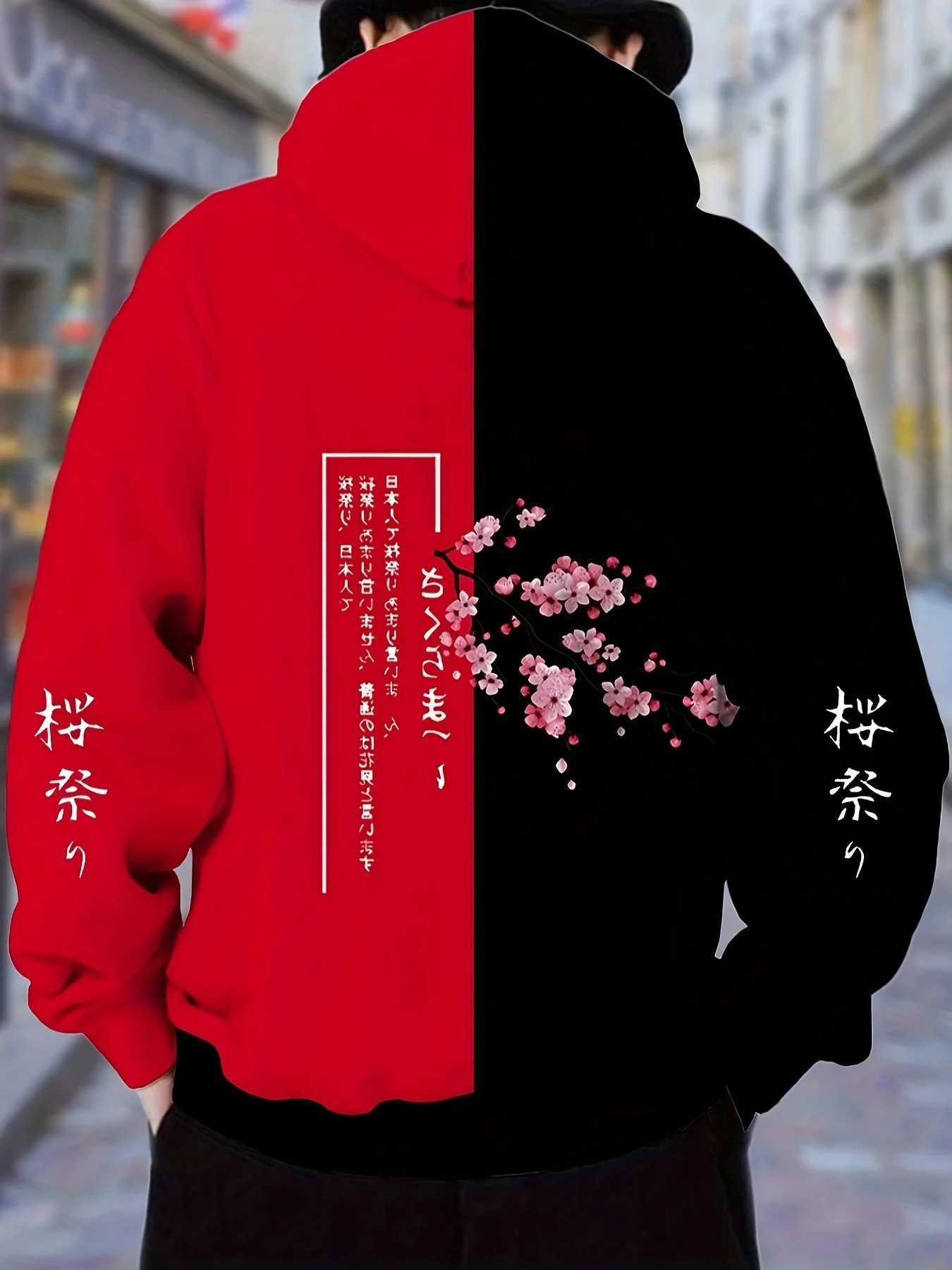 Japanese Streetwear Mens Cherry Blossom Hoodie SpringAutumn Long Sleeve Casual Top Trendy Print Side Pockets W251027