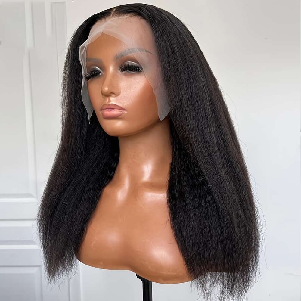 1Pc Elegant 30-Inch Long Yaki Kinky Straight Wig In Natural Black - 180% Density, Deep Lace Front, High-Temperature Synthetic Fiber, Versatile Style