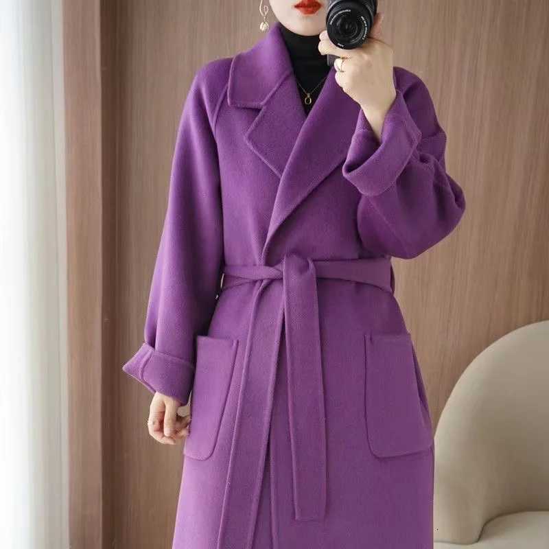 Womens Wear 100 Wool Coat AutumnWinter Fashion Temperament Double sided Cashmere Coats with Belt Elegant Long Overcoat M251027