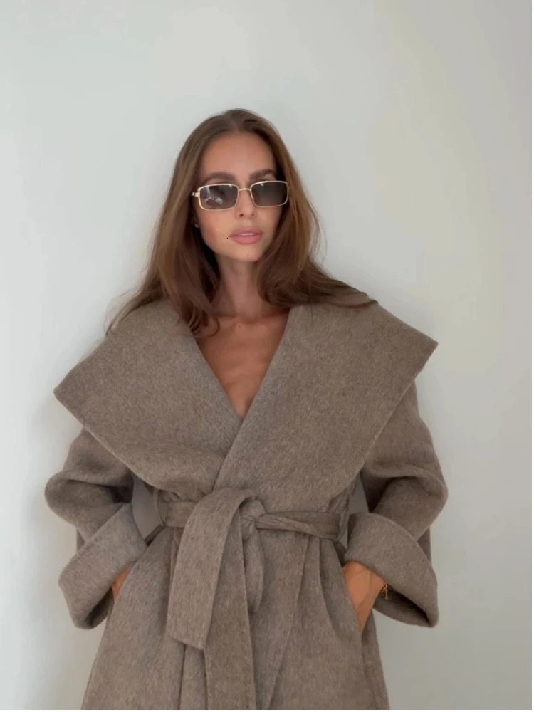 Elegant Large Collar Long Coat Women Retro Chic Loose Shawl Tweed Coats With Belt Female Winter Casual Street Outwear 251027
