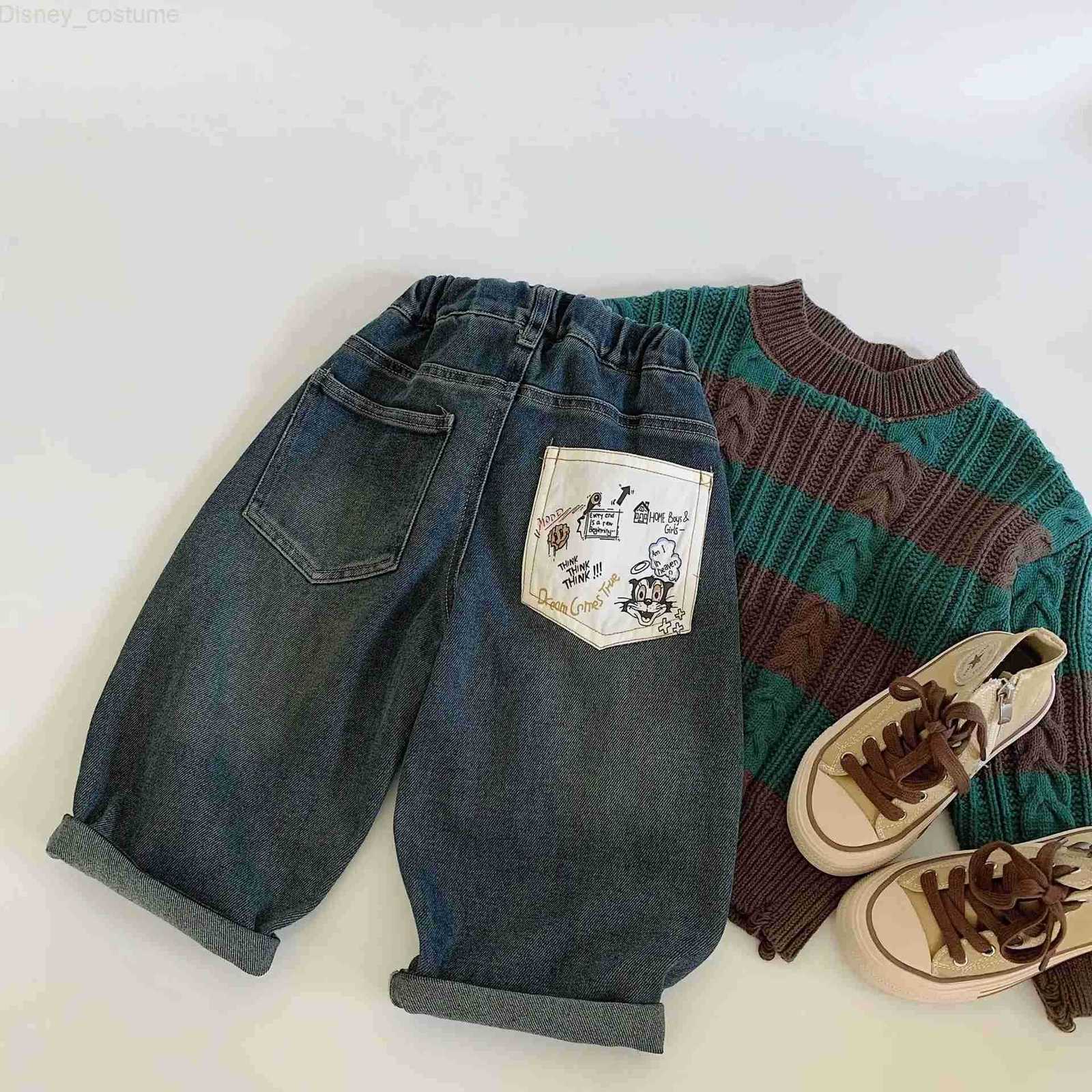 Disney Autumn Infant Baby Boys Pants Cartoon Embroidery Toddler Boys Ankle Length Pants Mid Casual Pocket Kids Baby Boys Wide Leg Jeans H251027
