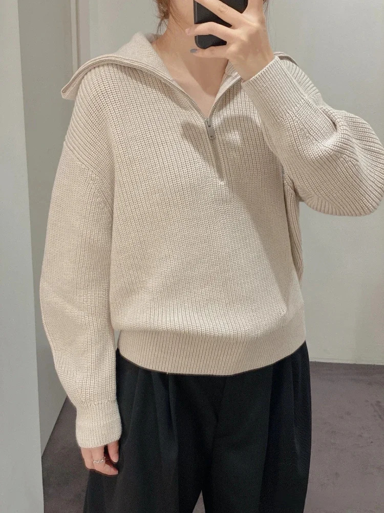 Autumn and Winter Womens Sweater Semizipper Casual Solid Color Knitwear Simple Loose Long Sleeves Pullover 251027