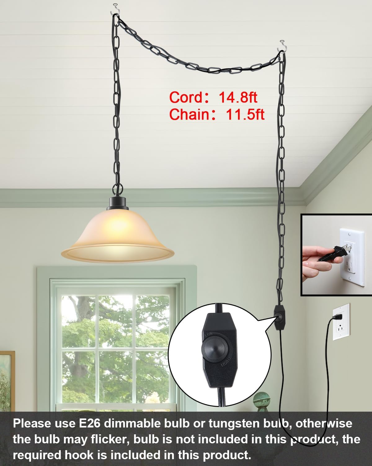 Frosted Alabaster Plug in Pendant Light,12" Glass Shade,Black Chain,Adjustable Pendant Light,No Light Source,for Kitchen,Bedroom,Living Room