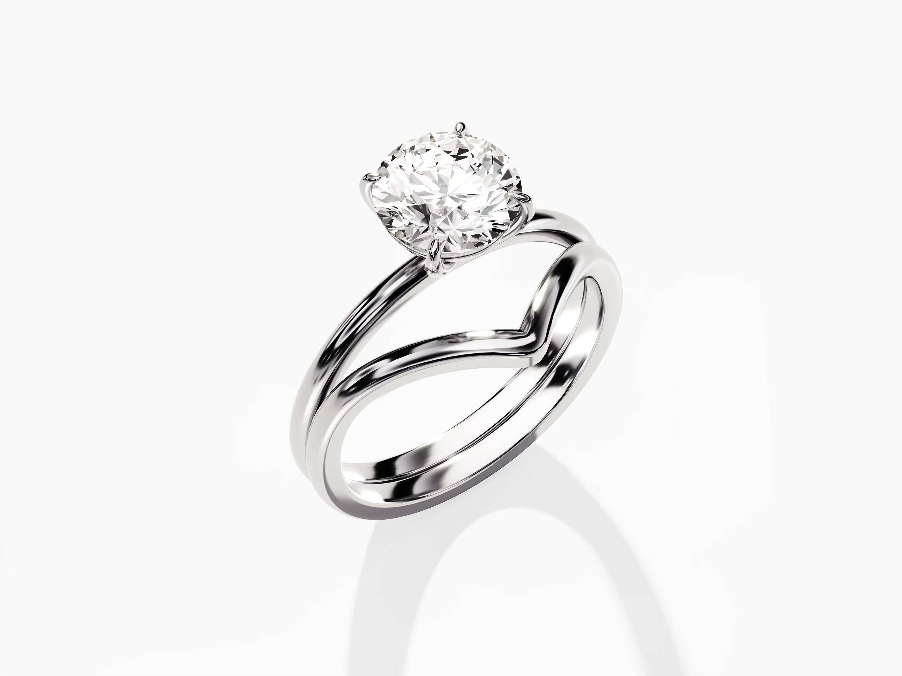 14k Gold Diamond Bridal Set Solitaire 15 CT Round Diamond Engagement Ring and Curved Wedding Band Set for Women