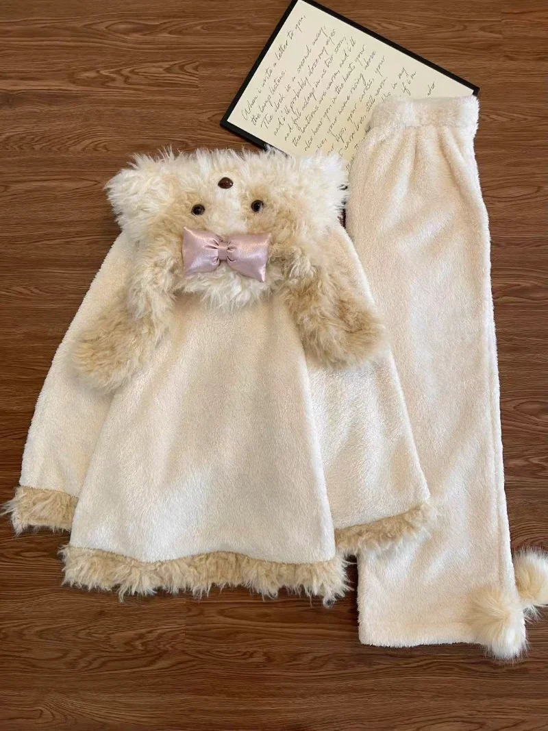 Winter Cute and Sweet Dog Two Piece Women Clothing Hooded Coral Velvet Pajama Home Set Hair Collar Warm Leisure 251027