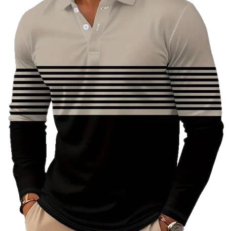 Breathable Thin Casual 25 Classic Men's 3D Digital Print Button Long Sleeve Polo Shirt Striped Basic Hong Kong Style Long Sleeve Top