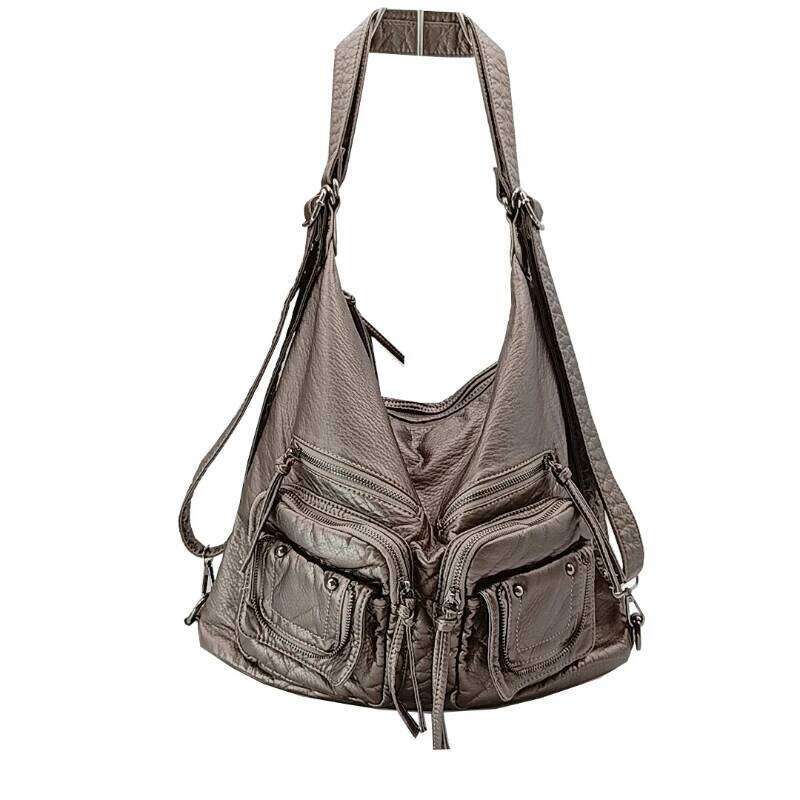 Retro Cool Girls Motorcycle Handbag Soft PU Leather Female Large Shoulder Bag Punk Multi Pocket Crossbody Backpack 251027