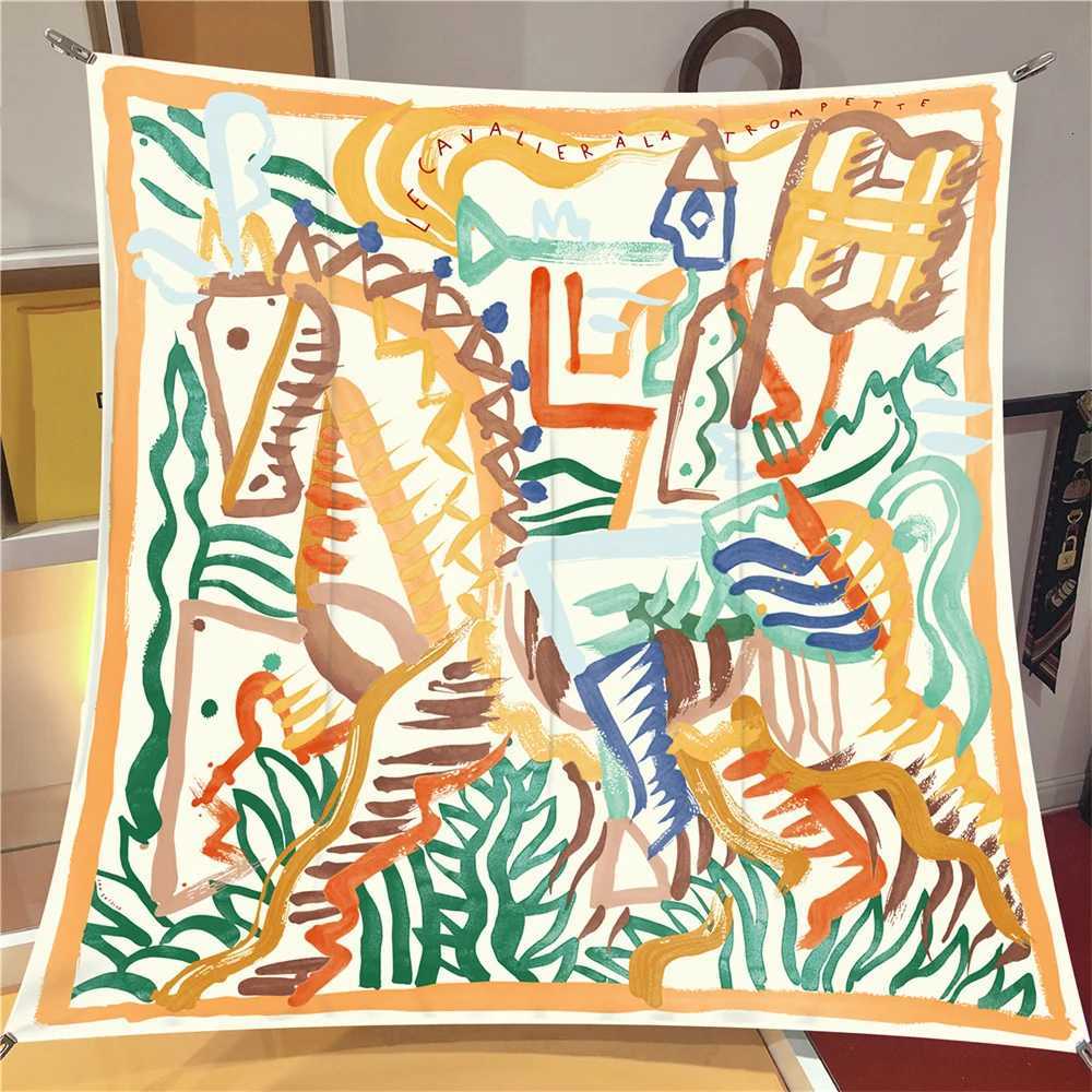 Silk Scarf Wen Graffi Horse Print Square Scarves Echarpes Silk Foards Fme Wraps Beach Shawls Bandana Lady Hijabs 90CMW251027