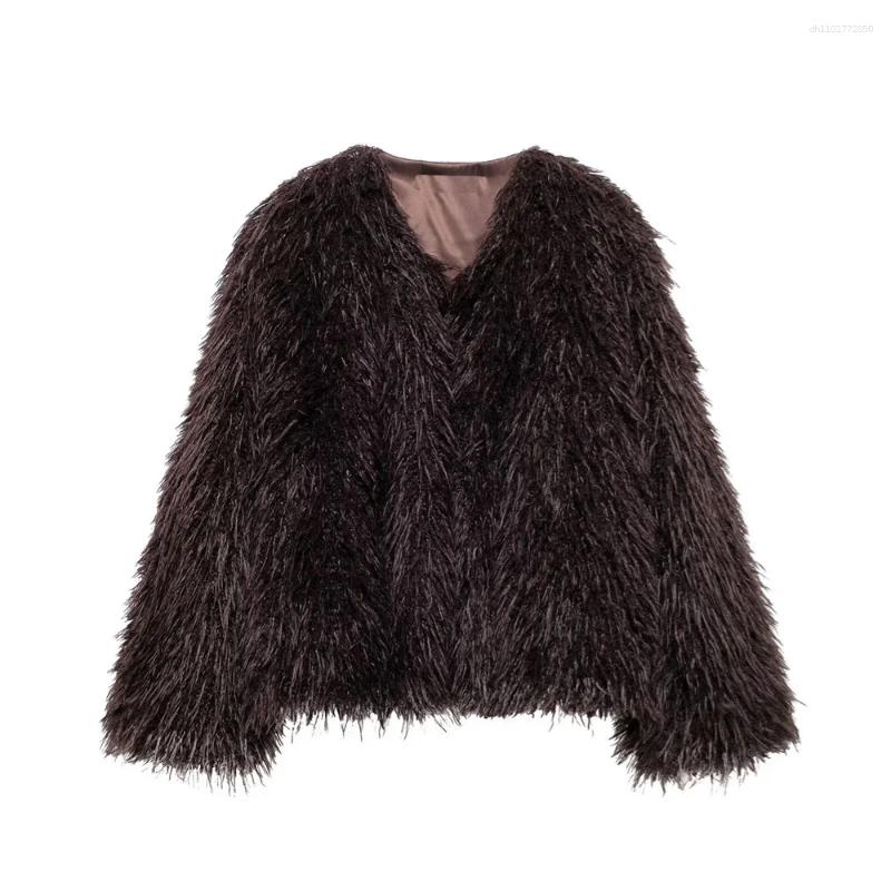 Women's Jackets Loose Faux Fur Effect Round Neck Long Sleeved Short Jacket For Autumn And Winter Style