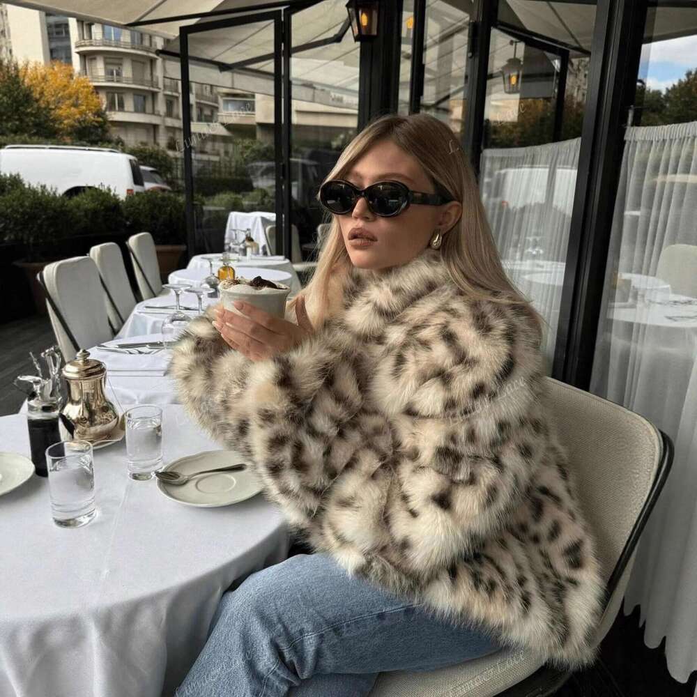 Leopard Print Faux Fur Jacket for Women Winter Thermal Outerwear Chic Long Sleeve Loose Warm Coat 2025 Lady Trendy Urban Outfit