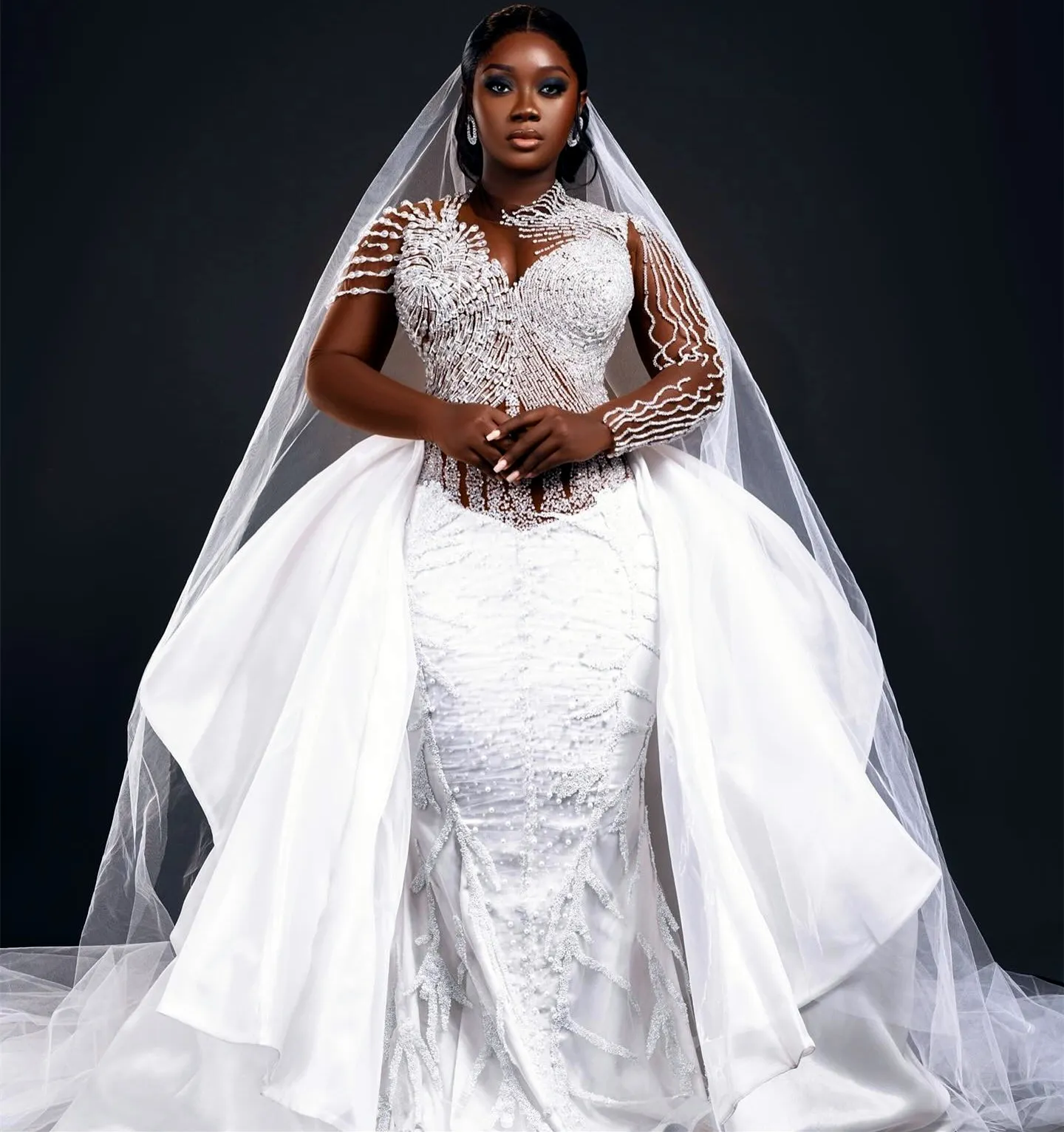 Arabic Aso Ebi Plus Size Mermaid Wedding Dress in White with Beaded Crystals Detachable Train and Luxurious Sexy Style