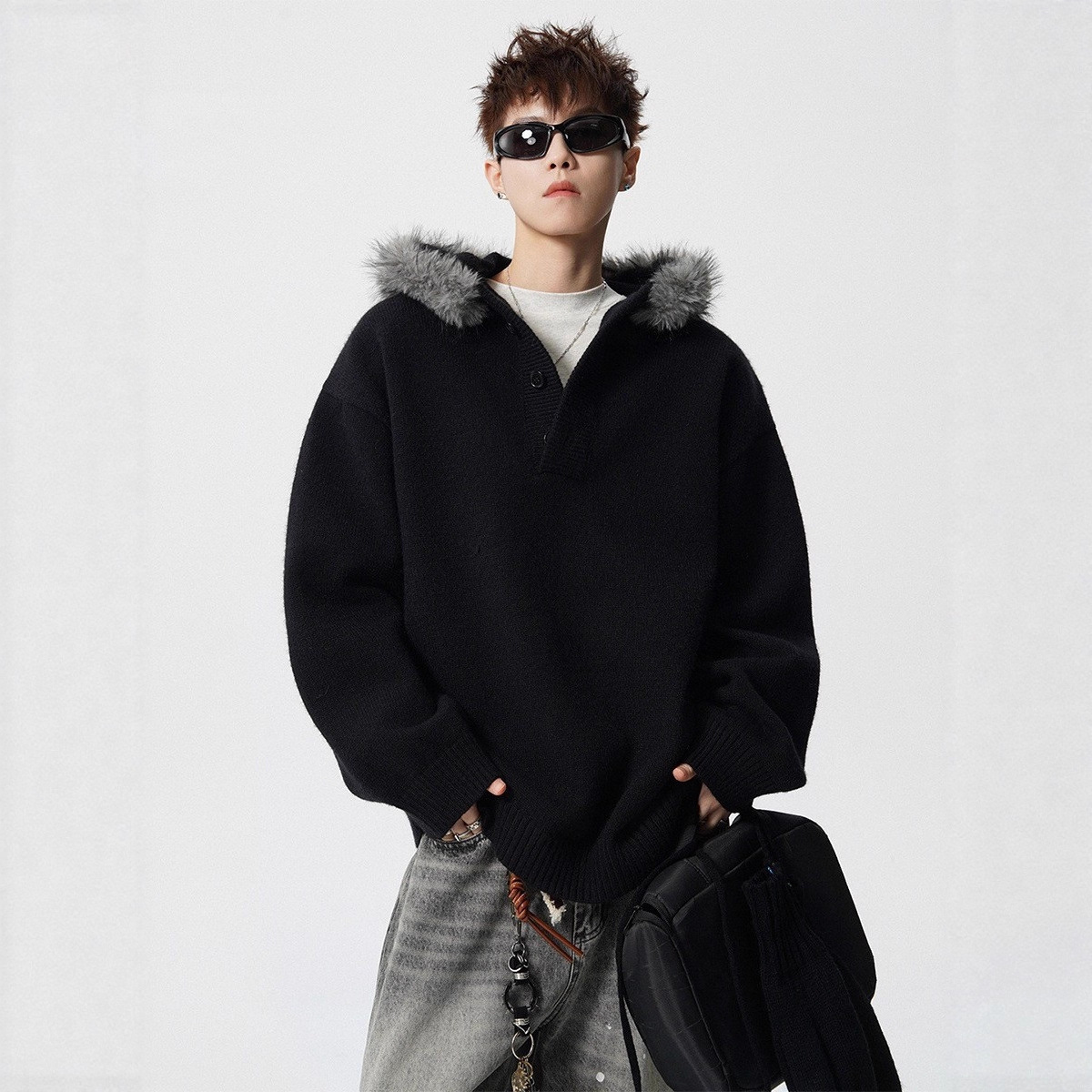 American Style Hooded Sweater With Large Fur Collar For Men And Designer Sweater Women Autumn And Winter Pullover Knitwear Lazy Style Loose Coat Trend