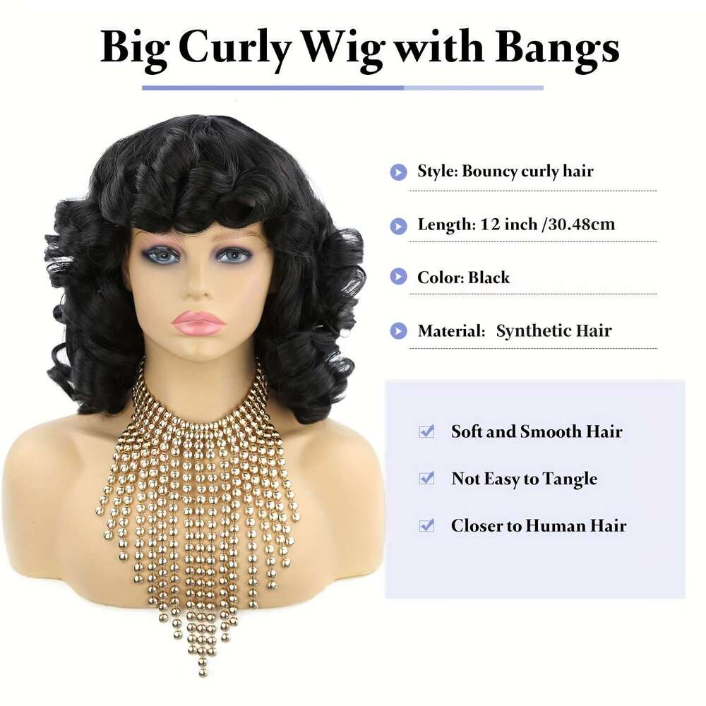 Short Wigs Black Soft, Big Bouncy Fluffy Curly With Bangs Afro Kinky Curls Heat Resistant Natural Looking Synthetic Wig For African American Women - S