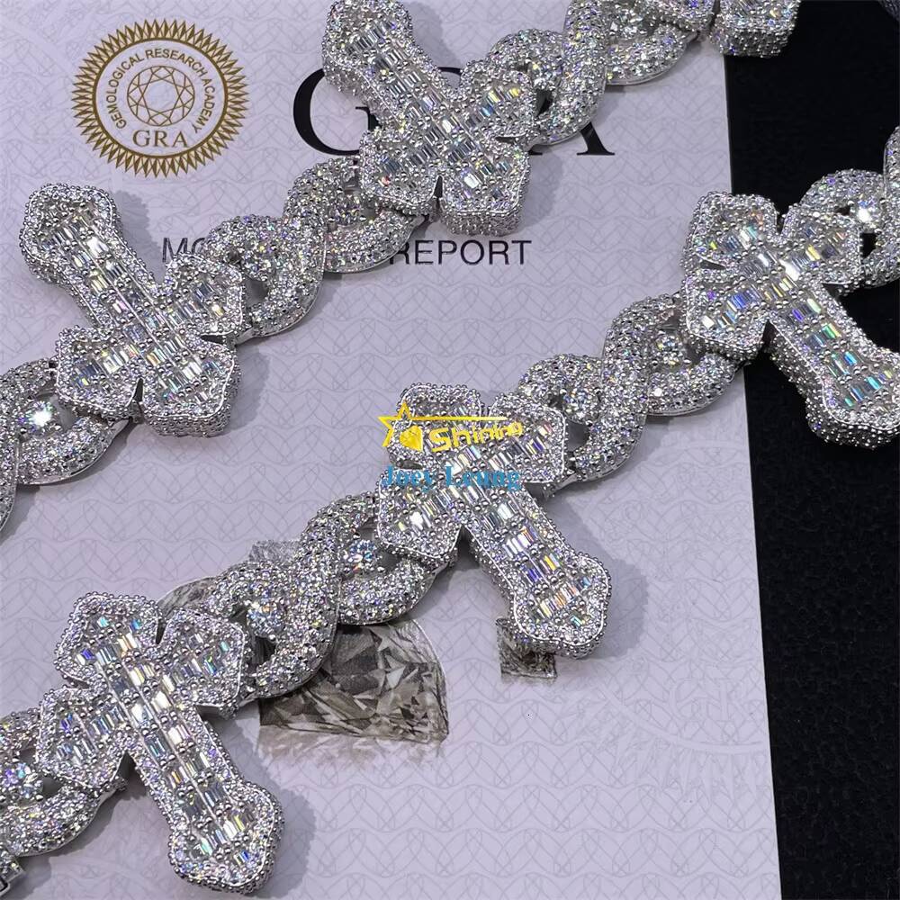 Luxury Cross Design Hip Hop Jewelry 925 Silver Charm Iced Out VVS Baguette Moissanite Cuban Bracelet