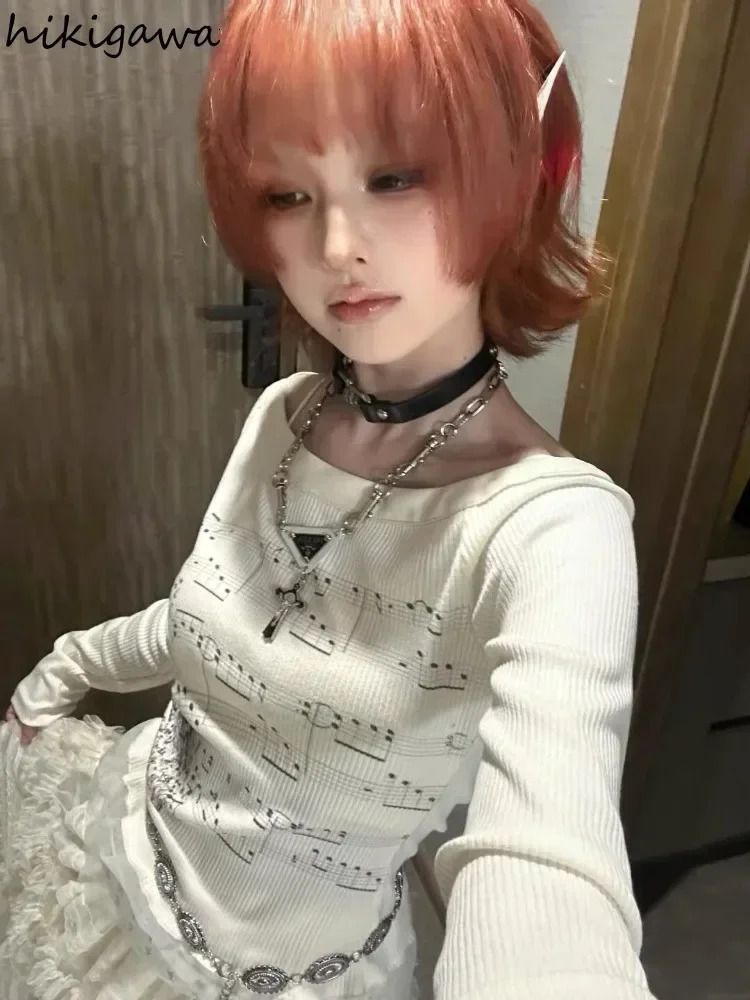 Punk T Shirts for Women Print Long Sleeve Tunic Tees Fashion Korean Camisetas Y2k Tops Slash Neck Casual Tshirts 2025 Ropa Mujer 251027