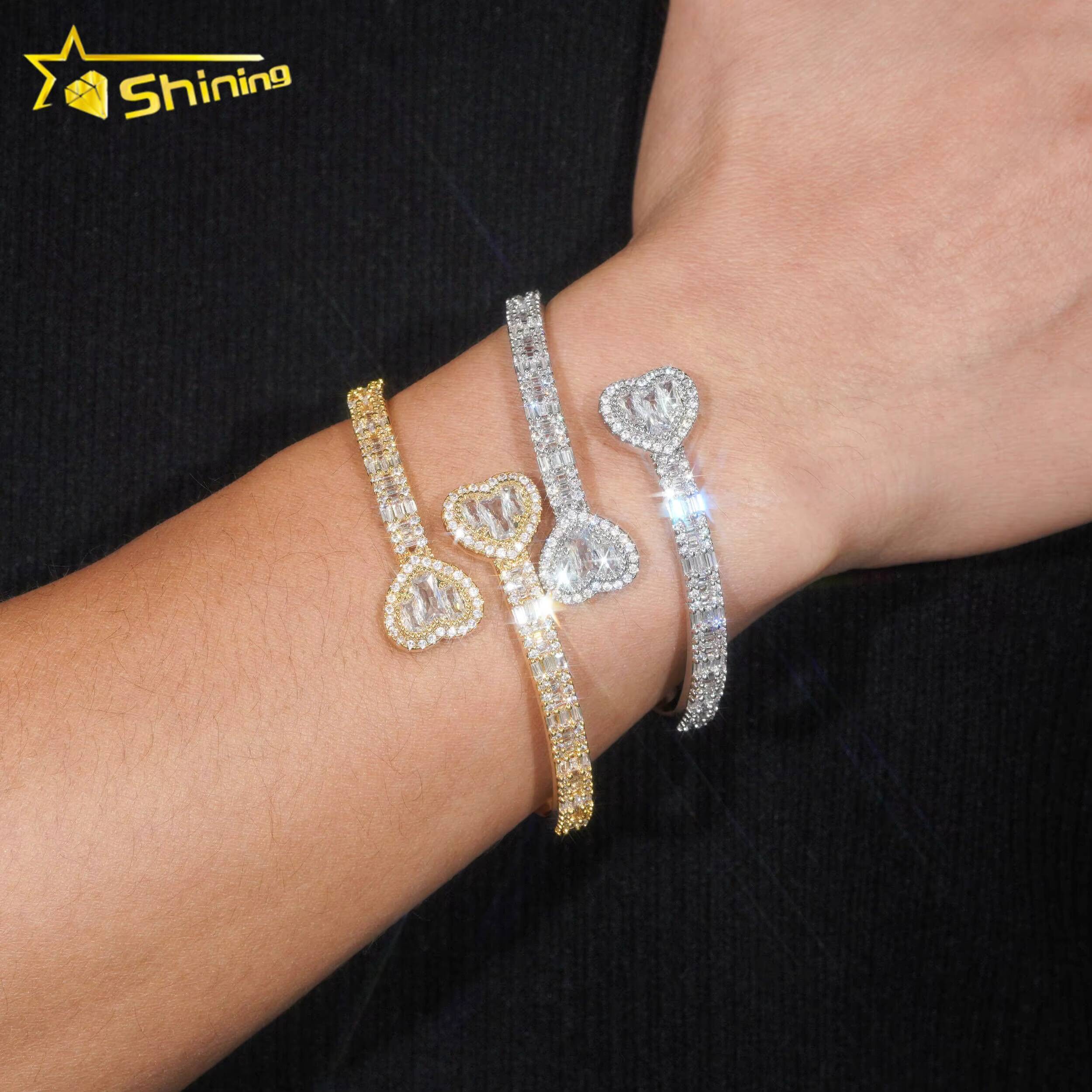 Pass Diamond Tester Top Quality Heart Bangle 925 Sterling Silver Moissanite Diamond Bracelet