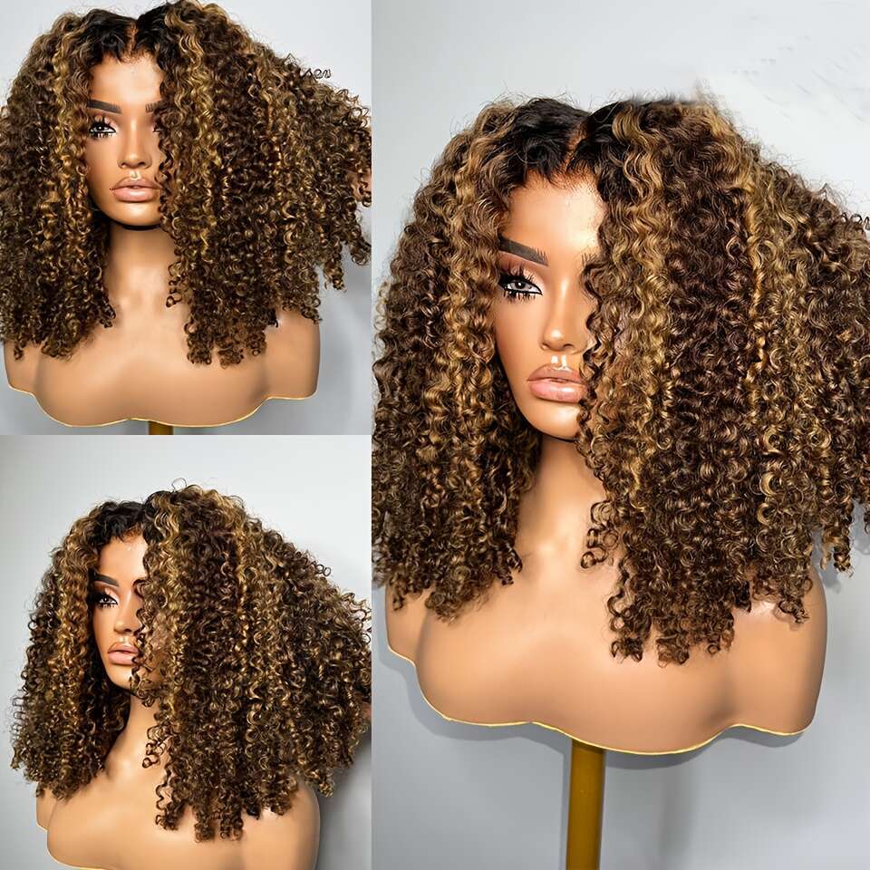 Women's Soft 16" Long Highlight Blonde Kinky Curly Lace Front Wig - 180 Density Preplucked Hairline, Heat Resistant Synthetic Hair, Elegant 